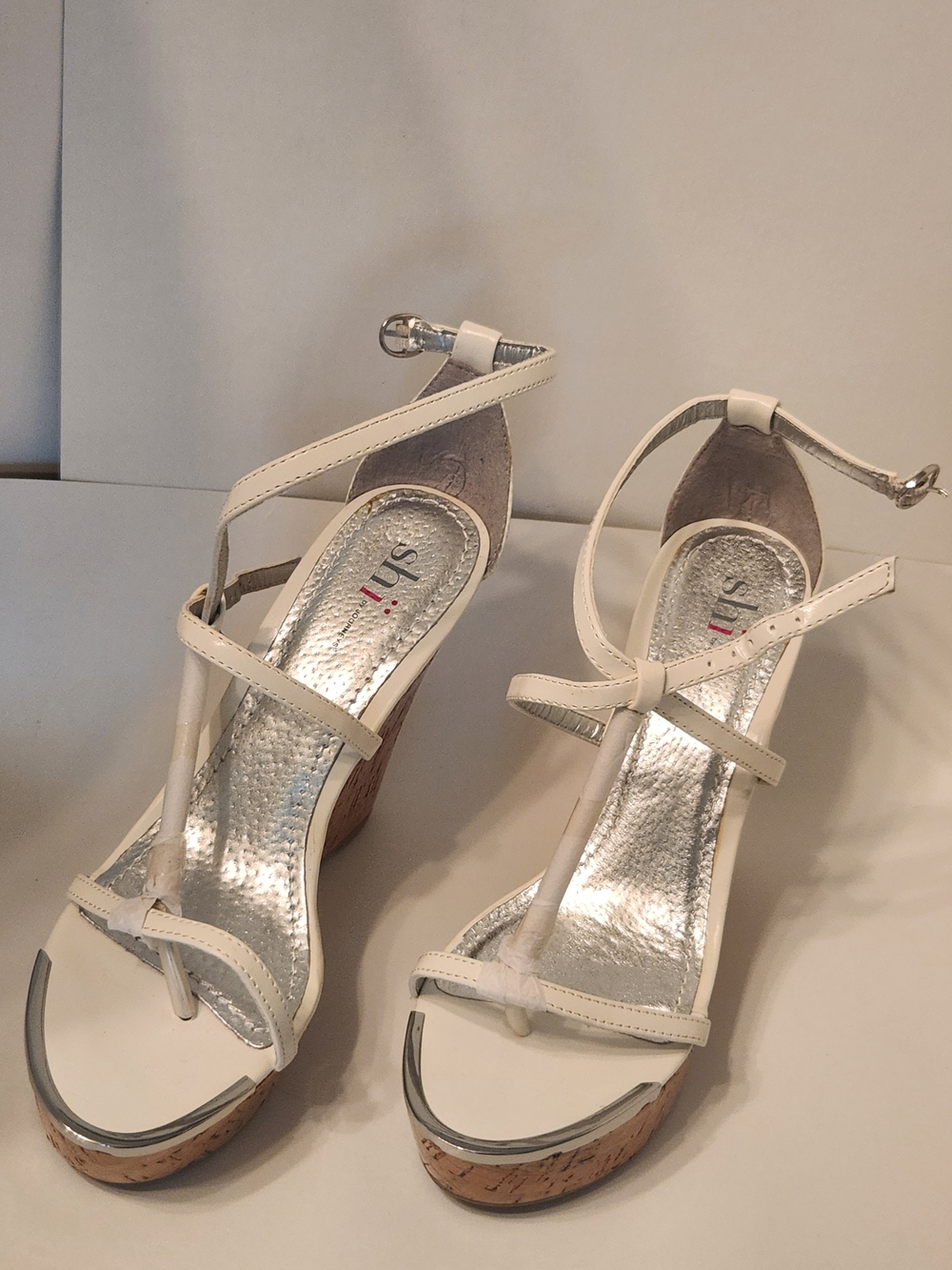 White T-Strap Cork Wedge Sandals with Silver Footbed